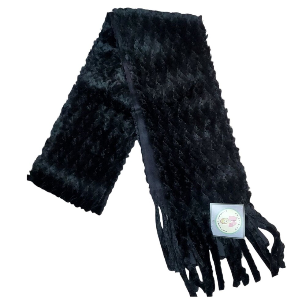 Suzanne Somers Faux Fur‎ Stole Scarf Fringe Faux Suede Back Black